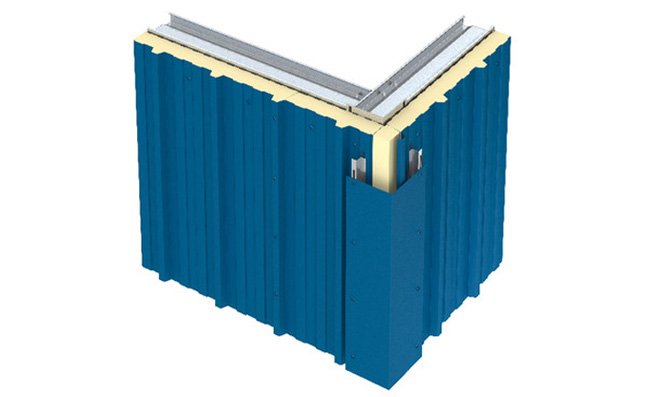 Illustration of a 90-degree corner panel with insulating core and cam-lock joints